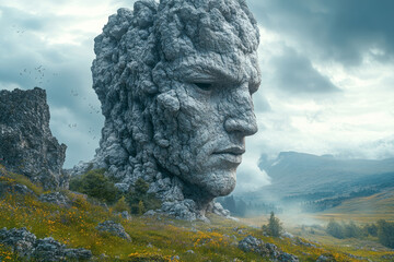 Wall Mural - The Sentinel of the Vale, a large rock formation resembling a warriorâ€™s face, keeping eternal watch over the valley,