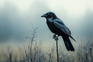 Wall Mural - A solitary raven perched on a branch at the edge of the vale, its keen eyes scanning the horizon as the Sentinel,