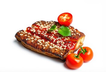 Toasted bread with tomato sauce and sesame seeds, garnished with tomatoes and parsley.