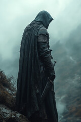 Poster - A tall, silent figure clad in dark armor, standing vigil over the vale from a shadowed hilltop,