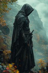 Poster - A tall, silent figure clad in dark armor, standing vigil over the vale from a shadowed hilltop,