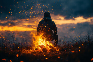 Aufkleber - A mystical forest where the embers released by a dying fire transform into fireflies, each carrying the essence of the night......