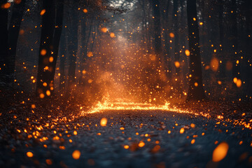 Aufkleber - A mystical forest where the embers released by a dying fire transform into fireflies, each carrying the essence of the night......