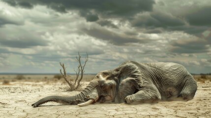 Sticker - A baby elephant is laying in the dirt next to a body of water