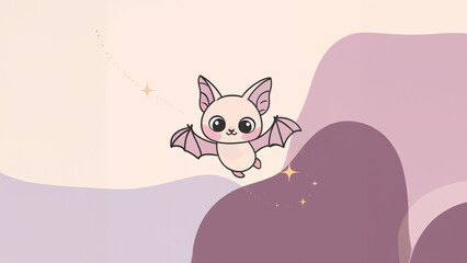 Wall Mural - Adorable illustration of a cute little bat flying against a soft pastel background with stars, blending whimsical and playful elements.