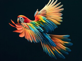 Flight of a bright multi-colored parrot on a black background, best graphic resources