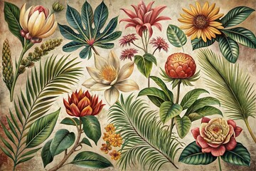  Whimsical distressed vintage botanical illustrations of exotic flowers and lush foliage adorn a set of retro graphic design elements in muted earthy tones.