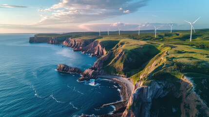 Wind turbines on a scenic coastline providing clean energy