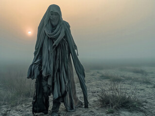 Wall Mural - A person in a long robe stands in a field with a foggy sky in the background. The person appears to be a ghostly figure, and the fog adds to the eerie atmosphere