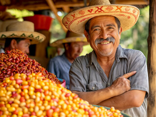 Canvas Print - A man wearing a sombrero stands in front of a pile of fruit. He is smiling and pointing to the fruit