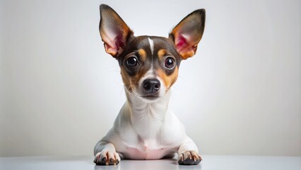 Wall Mural - Adorable small toy fox terrier dog with white and brown fur, floppy ears, and big round eyes posing cutely on a pure white background.