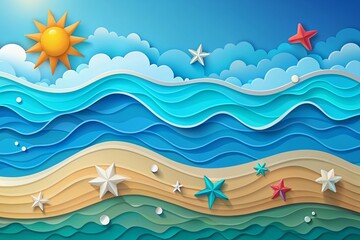 Vibrant blue abstract sea and beach summer background with stylized paper waves and seacoast, featuring a 3d effect, ample text space, and a vector illustration.