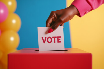 female hand dropping ballot paper into voting box on election day, color block background with balloons