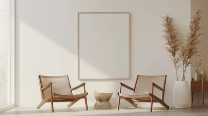 Living room design with empty frame mockup, two wooden chairs on white wall