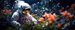 © iwaart - An astronaut explores a vibrant alien garden among colorful flowers under a starry sky in a distant galaxy