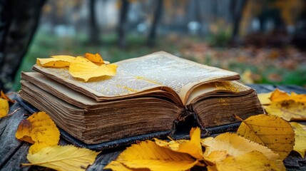 Wall Mural - Old Book on Fallen Leaves in Autumn