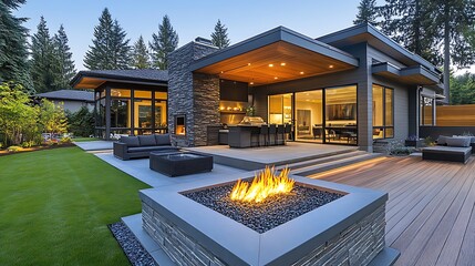 shoting photo beautiful patio with deck modern backyard with fire pit and outdoor kitchen, repeat