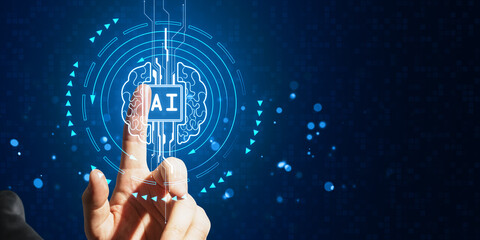 Poster - Hand pointing at AI brain icon on a digital futuristic interface background.