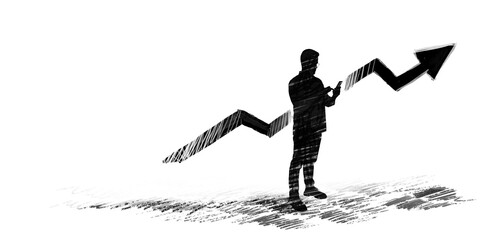 Wall Mural - silhouette of a person checking phone with upward arrow graph.