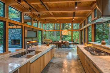 Wall Mural - A modern kitchen with light wood cabinetry, marble countertops and large windows overlooking the forested backyard. 