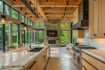 Wall Mural - A modern kitchen with light wood cabinetry, marble countertops and large windows overlooking the forested backyard. 