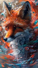 Canvas Print - Red Fox in Abstract Water.