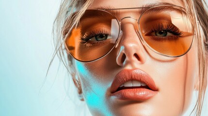 Wall Mural - A woman with long lashes and a bright orange pair of sunglasses