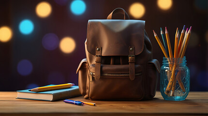 school bag on the table , back to school design concept, educational supplies, AI Generative