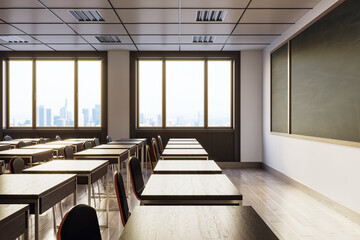 Wall Mural - Modern classroom interior with empty desks and chalkboard. 3D Rendering