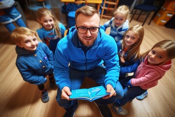 Canvas Print - Male Teacher Engages with Young Students in Classroom Setting for Educational Activities