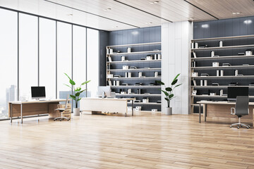 Wall Mural - Modern empty office interior with large windows and wooden floors. 3D Rendering