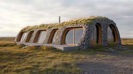 Sticker - A Modern, Sustainable, and Eco-Friendly Home with Grass Roof and Large Windows in a Rural Setting.