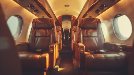 Canvas Print - The interior of a plane is shown with leather seats and a window