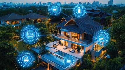 Smart home with a pool and a city skyline in the background, glowing with futuristic technology.