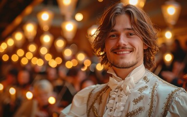 A man in a white costume is smiling and posing for a picture. The scene appears to be a party or a special event, as the man is dressed in a costume and surrounded by other people