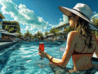 Wall Mural - A woman in a white hat is sitting in a pool with a glass of red wine. Scene is relaxed and leisurely, as the woman is enjoying her time in the pool