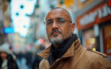 Wall Mural - A man with a beard and glasses stands in front of a store with a sign that says 