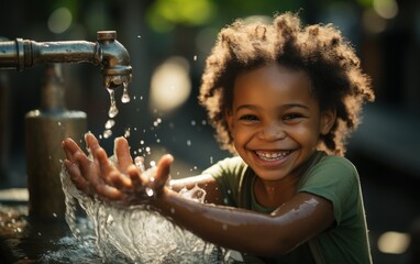 a young girl is playing with water from a faucet. she is smiling and she is enjoying herself