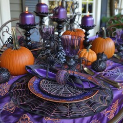 Stylish and festive table setting for Halloween with a spider web napkin, spiders and pumpkins on a purple tablecloth