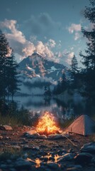 Wall Mural - A campsite with a tent and a fire. The sky is cloudy and the mountains are in the background