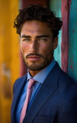 A man in a blue suit and tie poses for a photo. Concept of professionalism and sophistication, as the man is dressed in a well-tailored suit and tie