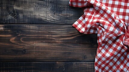 Top view of a red checked tablecloth on an empty blank. Generative Ai