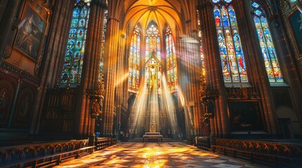 Canvas Print - Sunlight streaming through stained glass windows in a cathedral