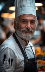 Wall Mural - A man with a chef hat and apron is smiling for the camera. He is wearing a white shirt and black apron