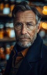 Poster - A man with glasses and a beard is standing in front of a shelf of bottles. He is wearing a blue coat and a brown shirt