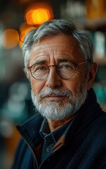 Poster - A man with glasses and a beard is standing in front of a store. He is wearing a blue jacket and a black shirt