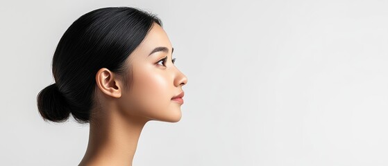 Wall Mural - Side view Beautiful Young asian Woman with Clean Fresh Skin, on white background, Face care, Facial treatment. Cosmetology, beauty and spa