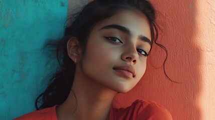 Canvas Print - Close-up portrait of a young woman with dark hair and brown eyes, wearing a red shirt, leaning against a teal and orange wall.