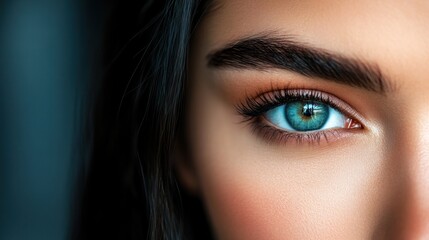 Wall Mural - Closeup of a woman's blue eye with long eyelashes and dark eyebrow.