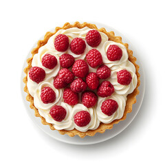 Tartlet with white cream and fresh raspberries isolated on white background